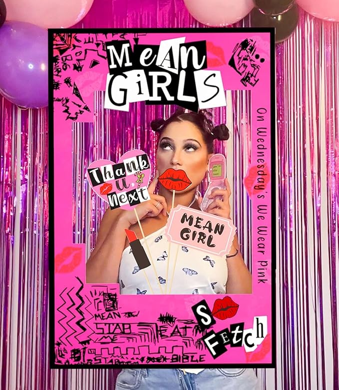 LaVenty Mean Girls Party Photo Booth Props Frame Mean Girls Party Decoration Y2k Birthday Party Decorations Hot Pink Girl Birthday Party Supplies