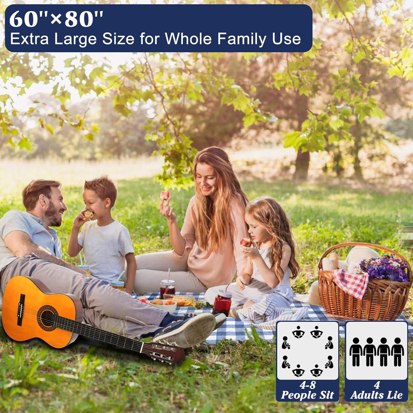 HX&OD Outdoor Picnic Blanket, Extra Large, 80''x60'' Waterproof Foldable Blankets Gingham Picnic Mat for Beach, Camping Grass Lawn Park Accessories Cute Couple Ideas Wedding (Blue, 80”x60”)