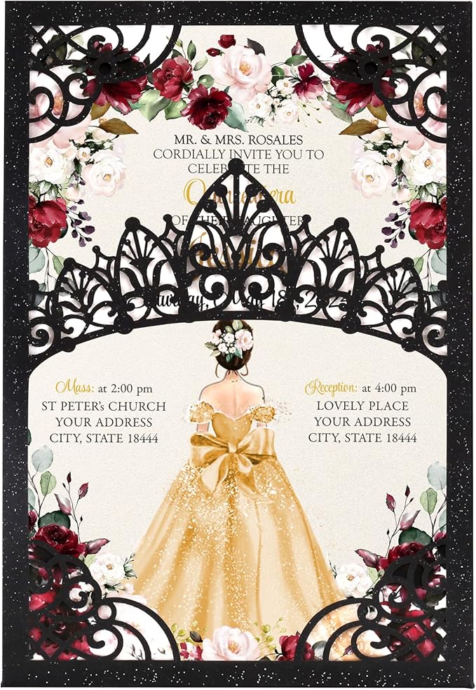 50Pcs Gold Crown Invitations for Quinceanera, 15 year, Sweet 16, Miss XV, Birthday Laser Cut Quince Invitation Cards Personalized Pearlized Black