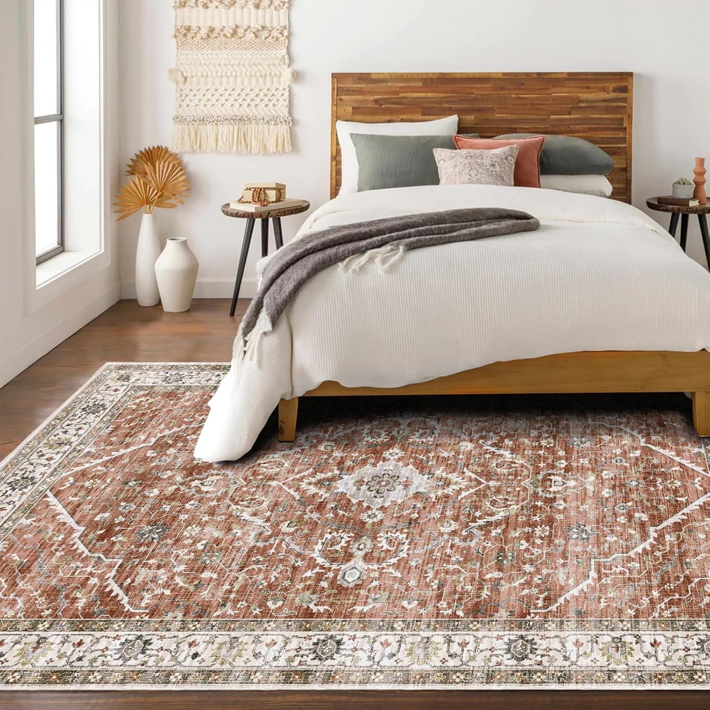 Deerly Large 5x8 Rugs for Dining Room Machine Washable Rugs Boho 5x8 Rug for Living Room Carpet Non-Slip Family & Pet Friendly Area Rugs Print Floor Rug(Border Brick Red 5x8ft)