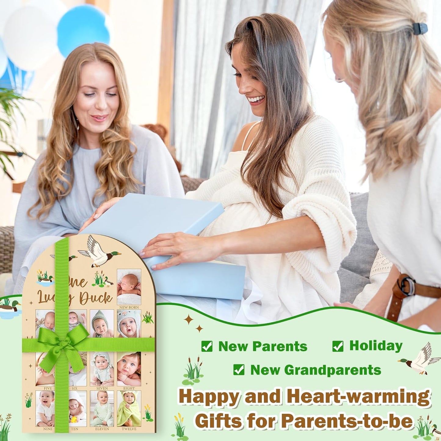 R HORSE 3D Mallard Duck 1st Birthday Wood Photo Display Board, One Lucky Duck Baby's First Year Picture Frame, 1-12 Months Milestone Board Birthday Decorations Keepsake Gift for Baby Nursery Decor