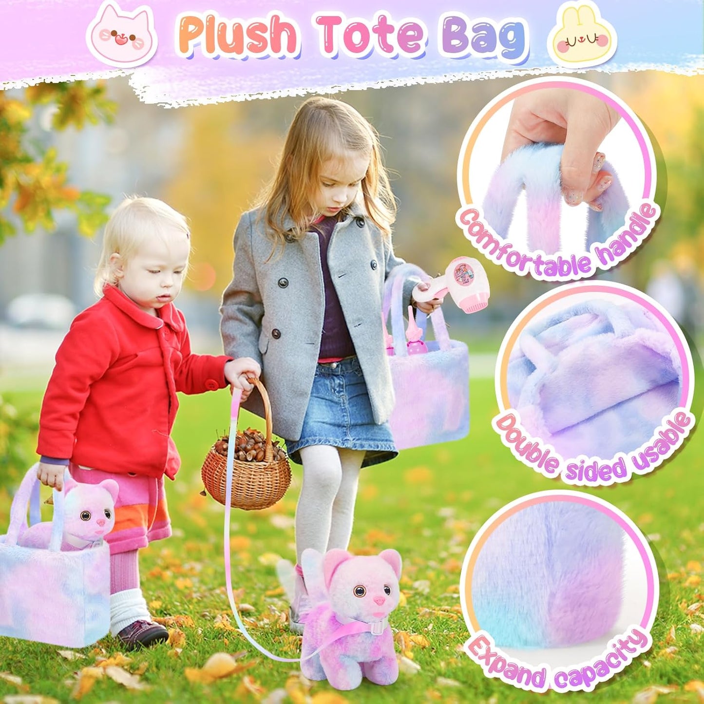 Plush Interactive Cat Toys for Kids with Tote Bags, Stuffed Robot Pet Kitten with Leash Walking Meow Pretend Play, Realistic Cute Stuff Fidget Toys for Toddler Stocking Stuffers Birthday Gifts