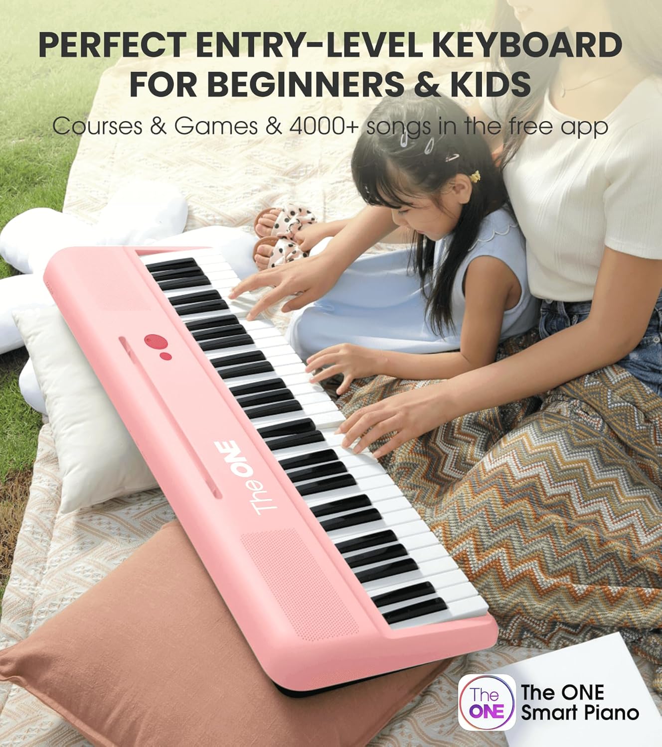 The ONE Smart Keyboard COLOR 61 Lighted Keys Piano Keyboard, Digital Piano for Beginners with 256 Tones, 64 Polyphony, Built-in LED Lights and Free Apps (Pink)