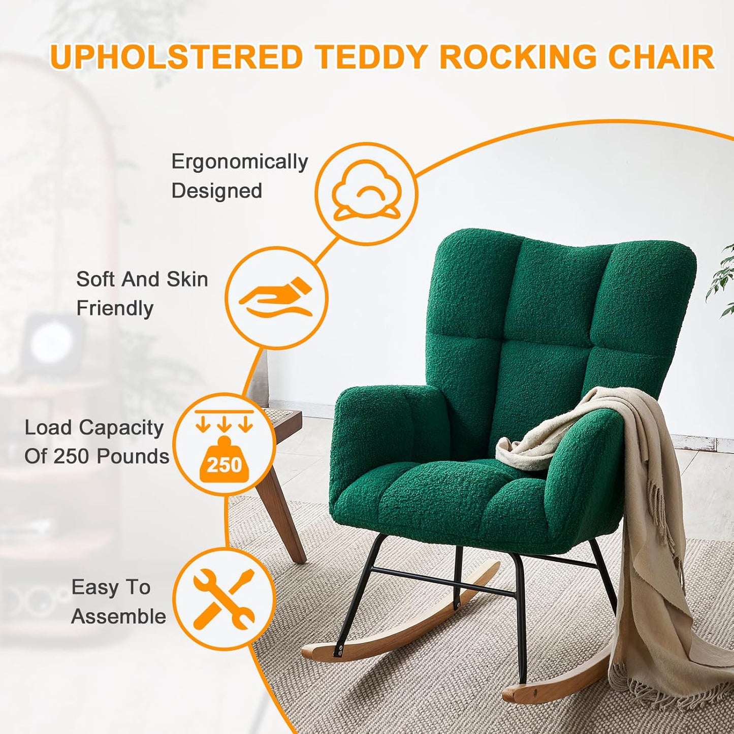 Nursery Rocking Chair, Teddy Fabric Upholstered Glider Rocker with High Backrest, Modern Rocking Accent Chairs Comfy Side Chair for Nursery, Bedroom, Living Room (Green)