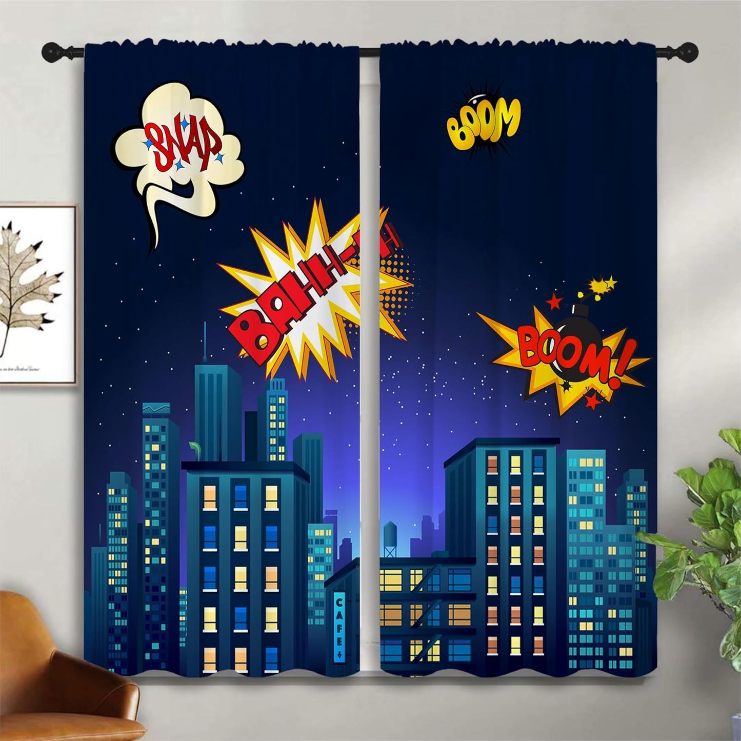 Superhero Rod Pocket Blackout Curtains for Boy Girl Bedroom, Cartoon Skyline Buildings Cityscape Thermal Insulated Home Window Drapes for Living Room Darkening, 42x45 inch