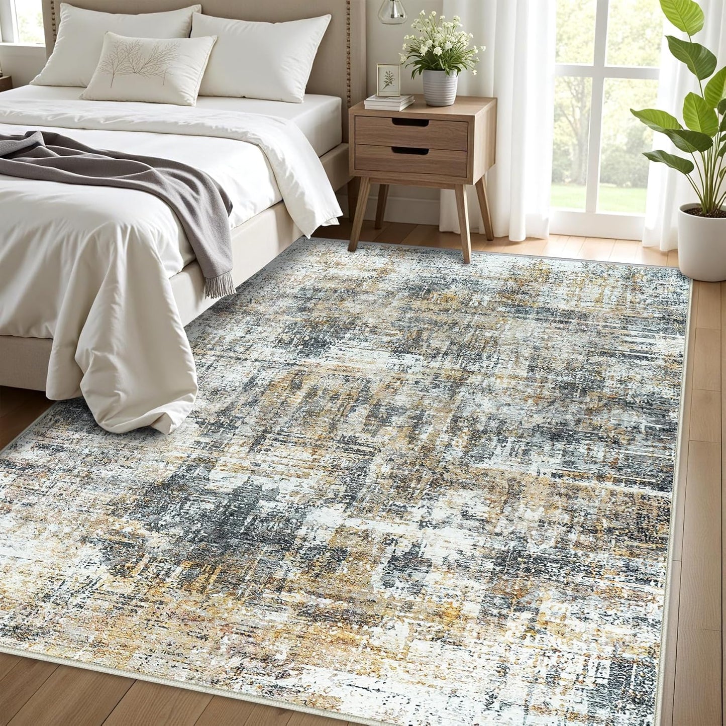 Washable Rug 6x9 Area Rugs: Abstract Washable Rugs with Non-Slip Backing, Stain Resistant Indoor Floor Carpet for Bedroom Dining Room Table Nursery Hallway Home Office Brown/Gray