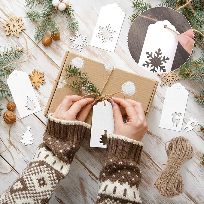 Aneco 150 Pieces Christmas Paper Gift Tags White Kraft Tags Hang Labels Christmas Tree Snowflake Reindeer Design with 30 Meters Jute Twine for Christmas DIY Wrapping Favor Holiday Present