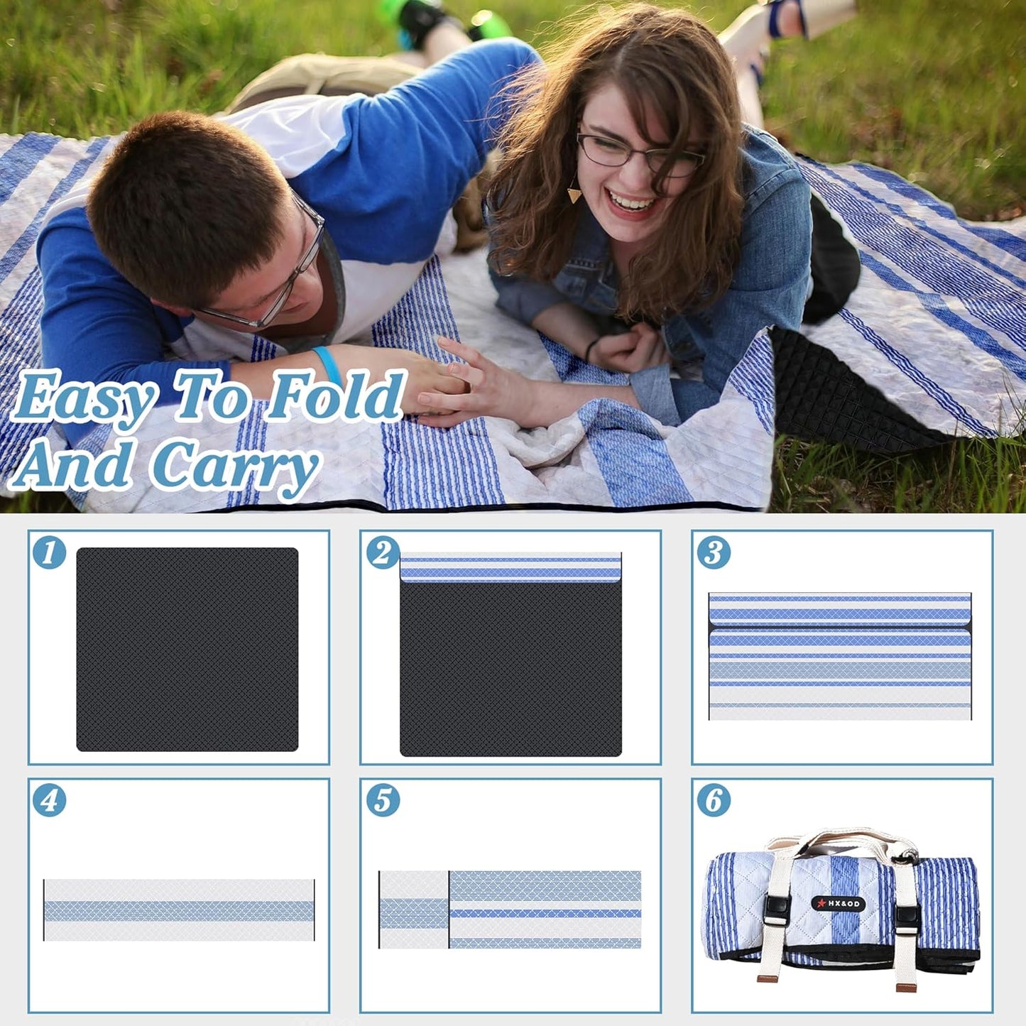 Waterproof Picnic Mat, Outdoor Camping Oversized Field Blanket. Portable Thickened Camping Blanket, Suitable for Beach, Camping, Music Festival, Party, Outdoor Adventure. (Blue & White, 80”x60”)