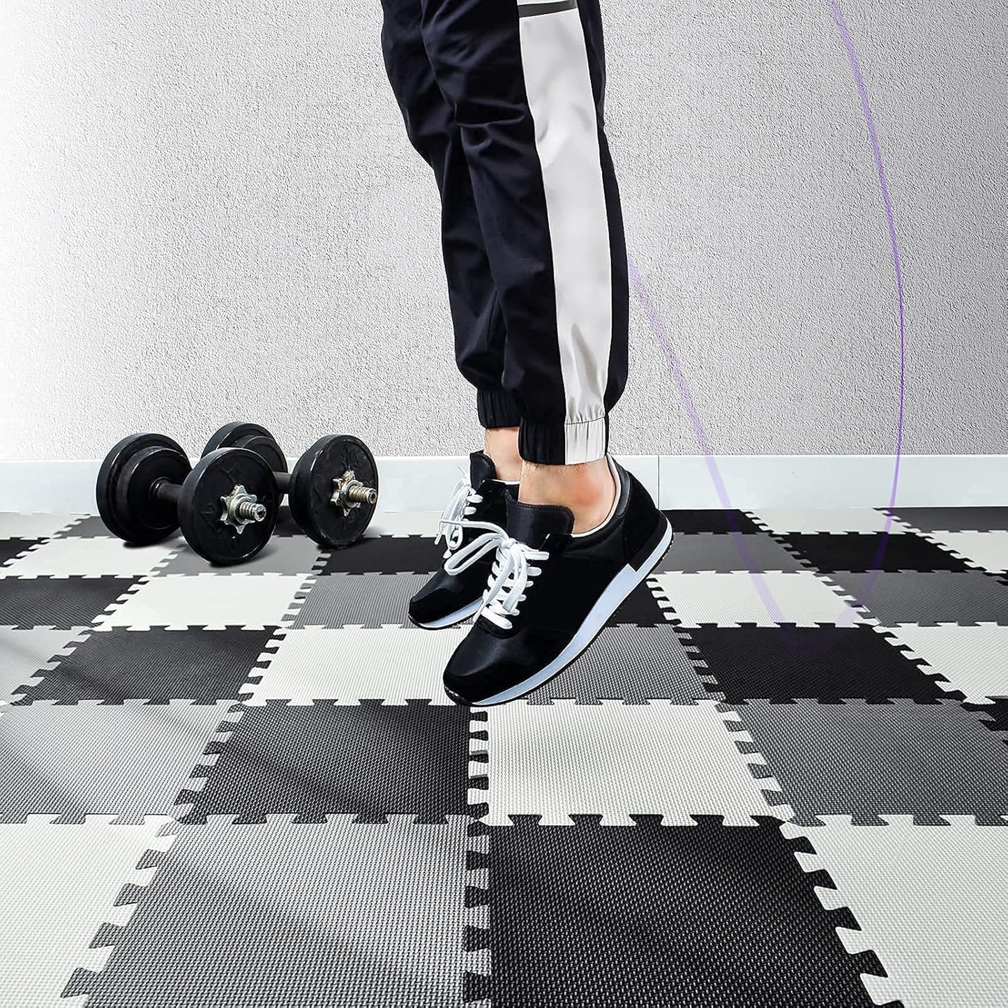 qqpp EVA Rubber 18 Tiles Interlocking Puzzle Foam Floor Mats - Baby Play Mat for Playing | Exercise Mat for Home Workout. White, Black, Gray. QC-ADLb18N