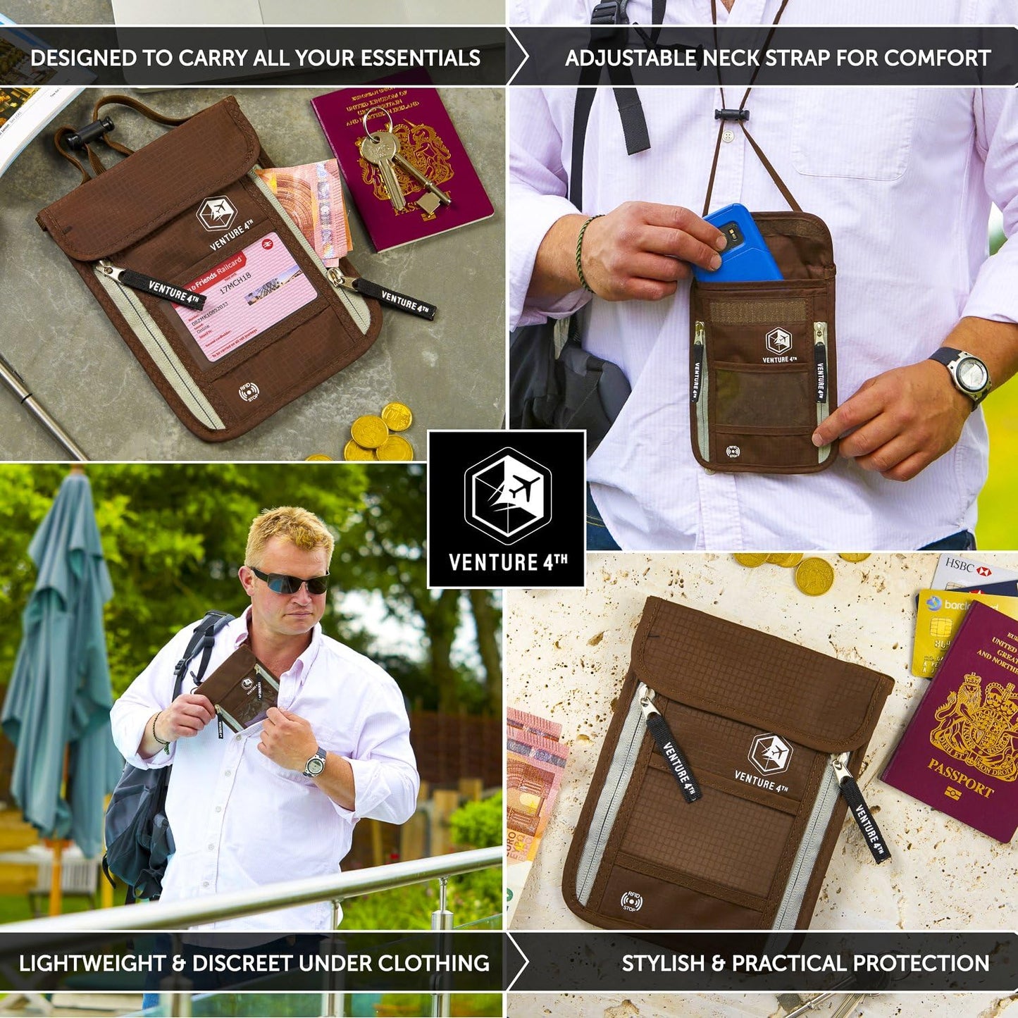 VENTURE 4TH Passport Holder Neck Wallet with RFID Blocking Nylon Lining - Hidden Neck Pouch for Travel (Brown)