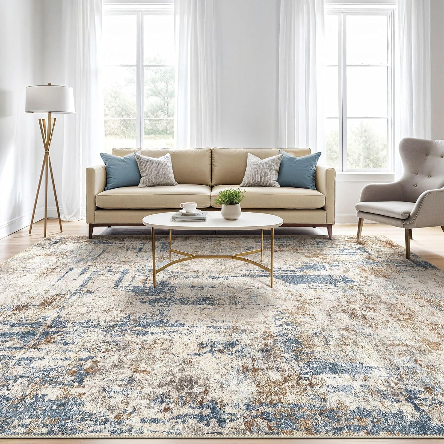 7x9 Area Rug Washable Rugs: Living Room Large Abstract Modern Soft Stain Resistant Indoor Floor Non Slip Accent Carpet for Bedroom Nursery Playroom Office Dining Room Dorm Home House- Tan