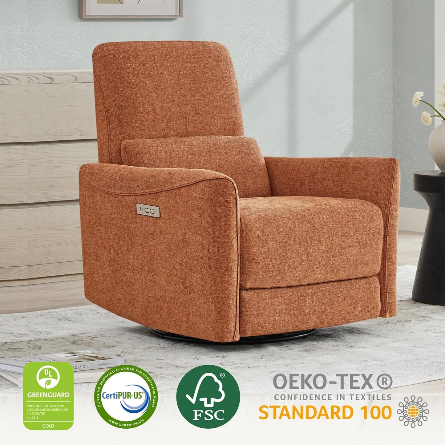 CHITA Power Recliner Chair Swivel Glider, FSC Certified Fabric Living Room Nursery Reclining Sofa Chair with Lumbar Support,Terracotta