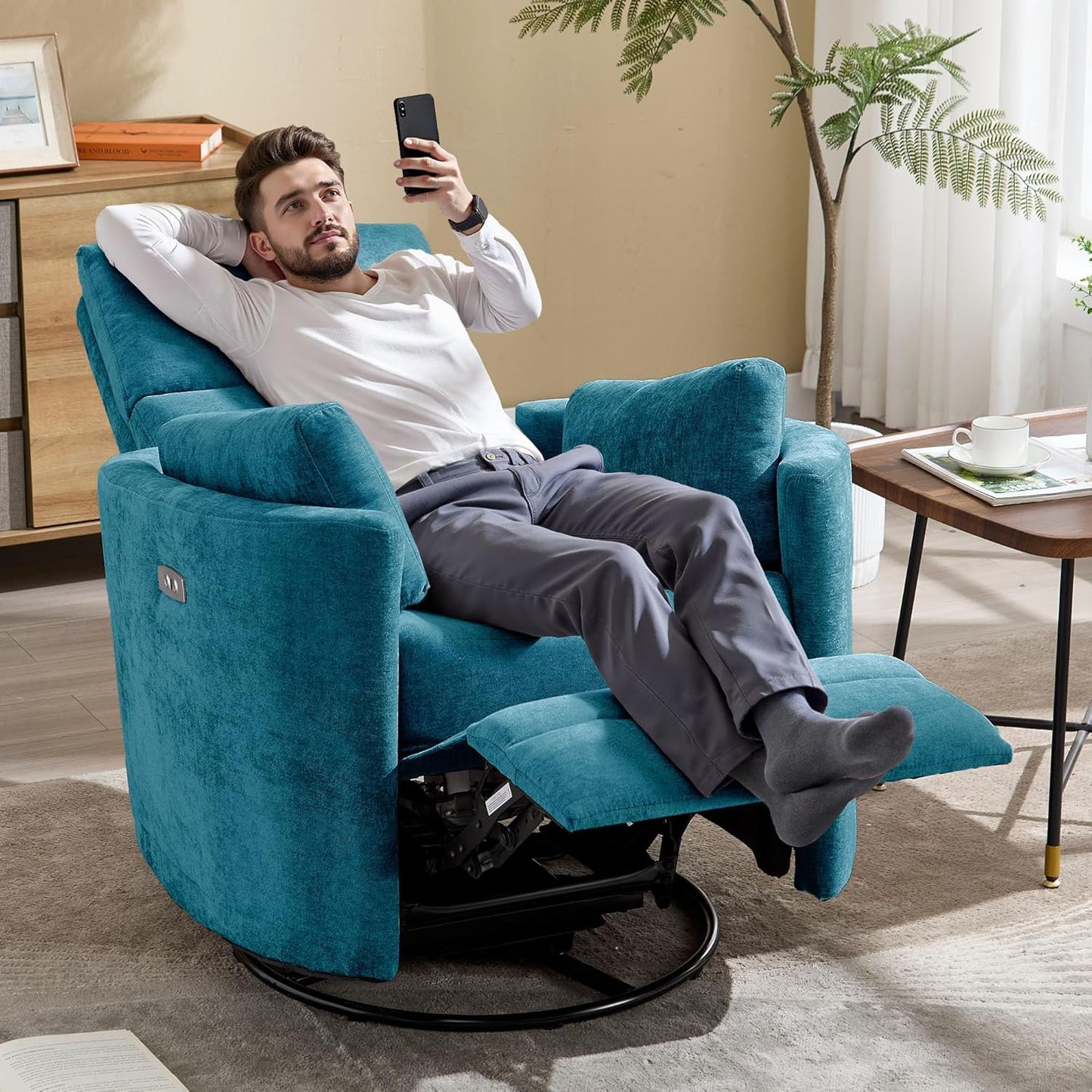 Power Swivel Glider Rocking Recliner, Electric Rocking Chair with USB Port for Living Room Bedroom Upholstered Nursery Chair Adult Rocking Chair with 2 Pillows (Blue, Power-Driven)