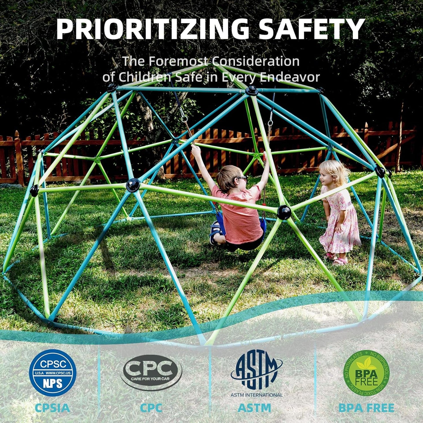 Climbing Dome, 10FT Jungle Gym with Swing for Kids 3 to 10 Outdoor Play Equipment, Supports 800lbs Toddler Play Set, Anti-Rust & Easy Assembly, Gift for Boys Girls (Yellow & Blue)