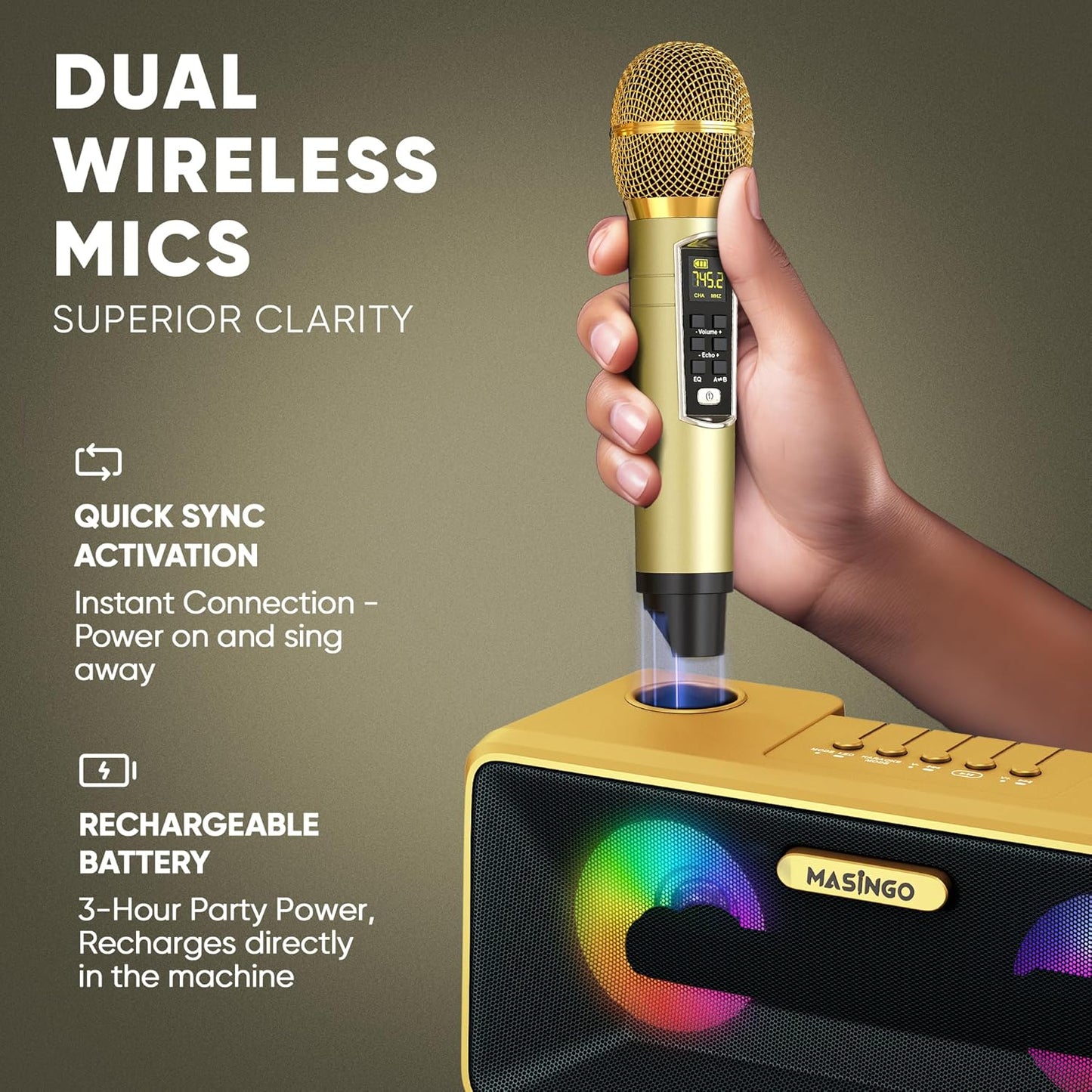 MASINGO Karaoke Machine for Adults and Kids with 2 Wireless Microphones, Portable Bluetooth Singing Speaker, Colorful LED Lights, PA System, Lyrics Display Phone Holder, and TV Cable. Presto G2 Gold