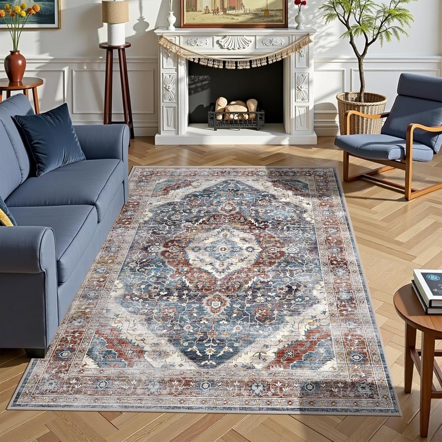 Deerly 3x5 Area Rug with Non-Slip Backing, Washable Rugs for Bedroom Living Room Kitchen, Distressed Carpet Printed Low-Pile Soft Dorm Rug Room Decor(Border Brown/Navy Blue)