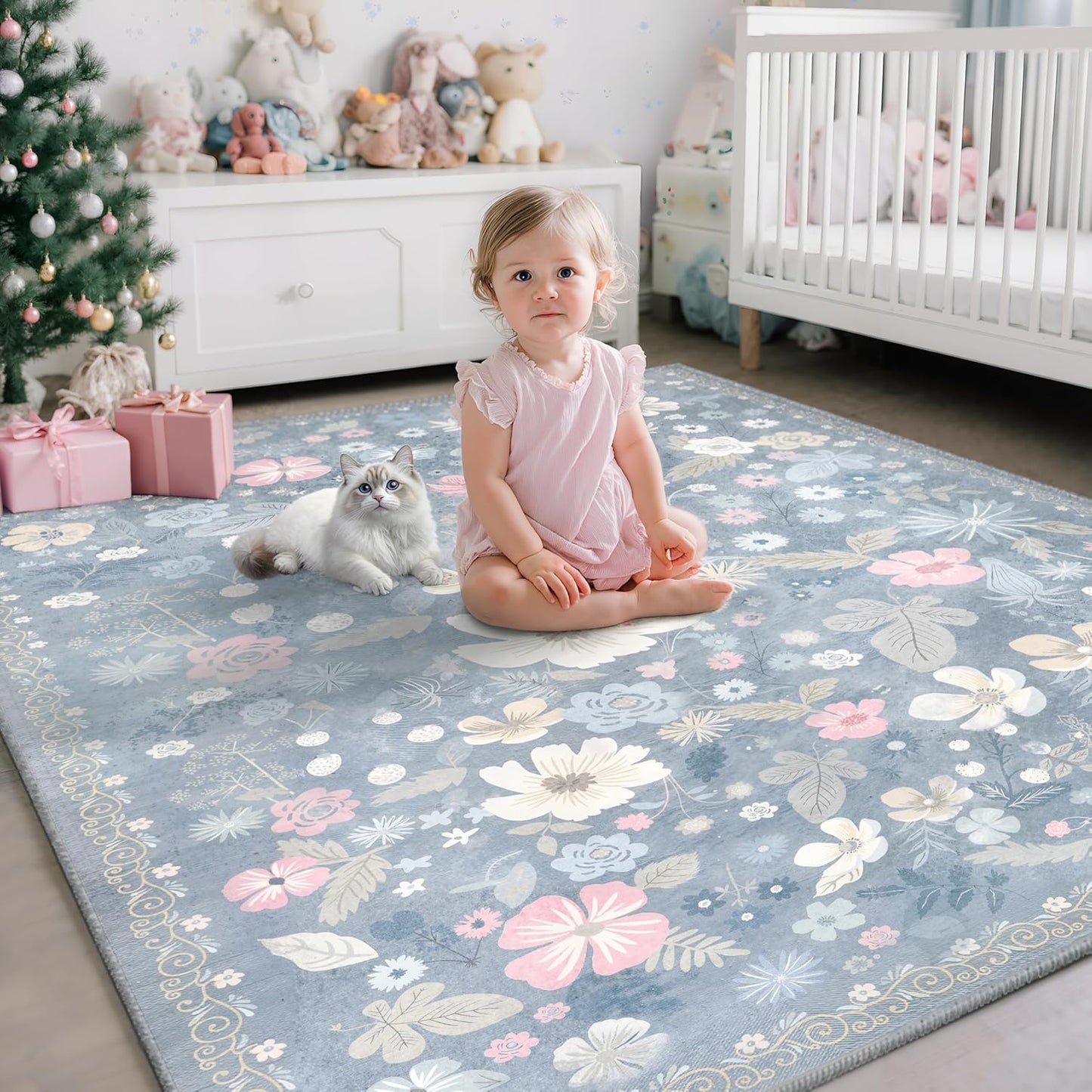 Blue 6x9 Area Rugs Machine Washable Low Pile Non Slip Stain Resistant for Living Room Big Boho Vintage Flower Pattern Carpet Rug Ultra-Thin for Bedroom Dining Room Kids Playroom