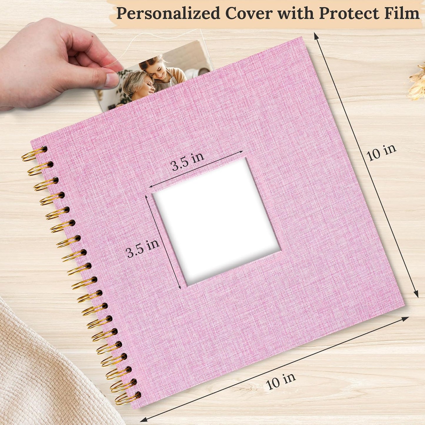Scrapbook Photo Album Linen Cover, 10 x 10 Inch Hardcover Kraft White Pages Memory Book, for Travel Wedding Guest Book Christmas Baby Shower (20 Sheets/ 40 Pages,Pink)