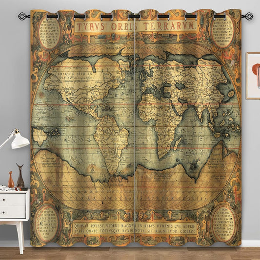 Aimego World Map Blackout Curtains Vintage Nostalgic Printing Design Old World Map Window Drapes Decor for Bedroom Living Room Grommet Top Room Darkening Curtains 2 Panel Set, 52"X63"
