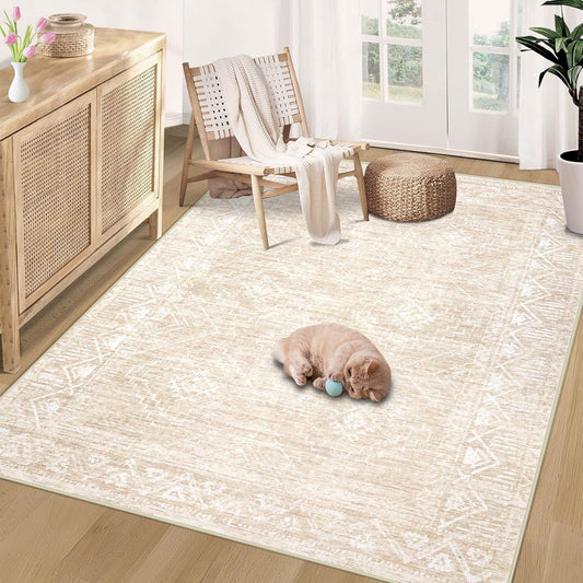 Vintage Moroccan Trellis Area Rug - 4x6 Machine Washable Boho Geometric Farmhouse Rugs Neutral Stain Resistant Non Slip Indoor Carpet for Bedroom Dining Room Nursery Home Office (4 x 6, Beige)