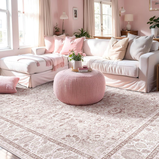 Pink Nursery Rug Large Area Rugs for Living Room Vintage Rug Boho Floral Washable Area Rugs 8x10 Indoor Carpet for Bedroom Dining Room Kids Room