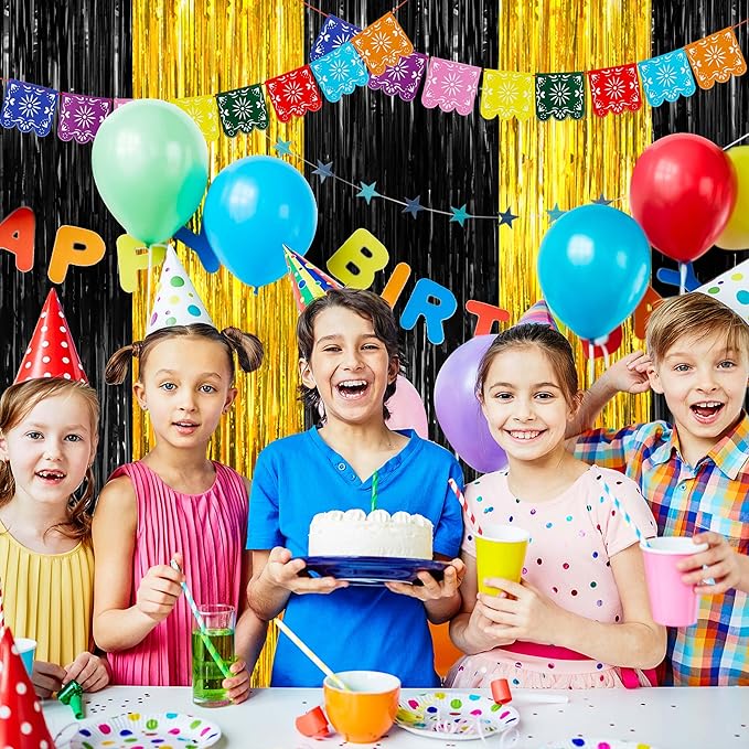 BTSD-home 4 Pack Black Gold Metallic Foil Fringe Curtain Tinsel Streamer Party Decorations Photo Booth Backdrop for Bachelorette Birthday Halloween