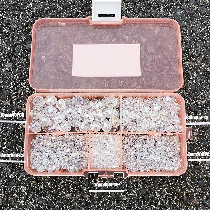 2-10mm Briolette Rondelle 810pcs White AB Crystal Glass Beads Faceted Shape Crystal Spacer Beads for Bracelet Necklace Decorative Hand Jewelry Making (2/4/6/8/10mm White AB)