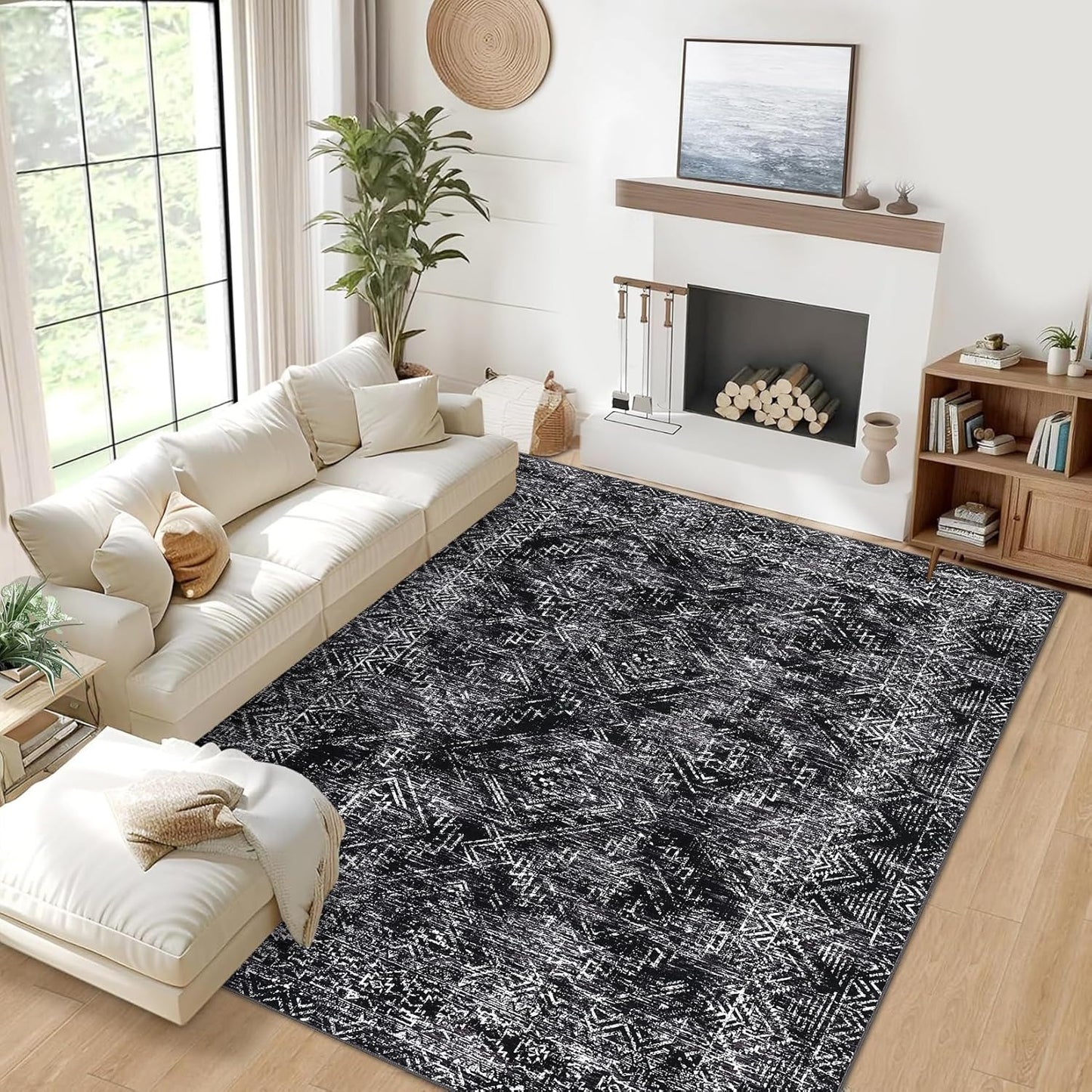 COZYLOOM Area Rug 6x9 Washable Rug for Bedroom Office Dining Room Living Room Vintage Non Slip Large Area Rug Geometric Soft Throw Low Pile Stain Resistant Carpet, Black