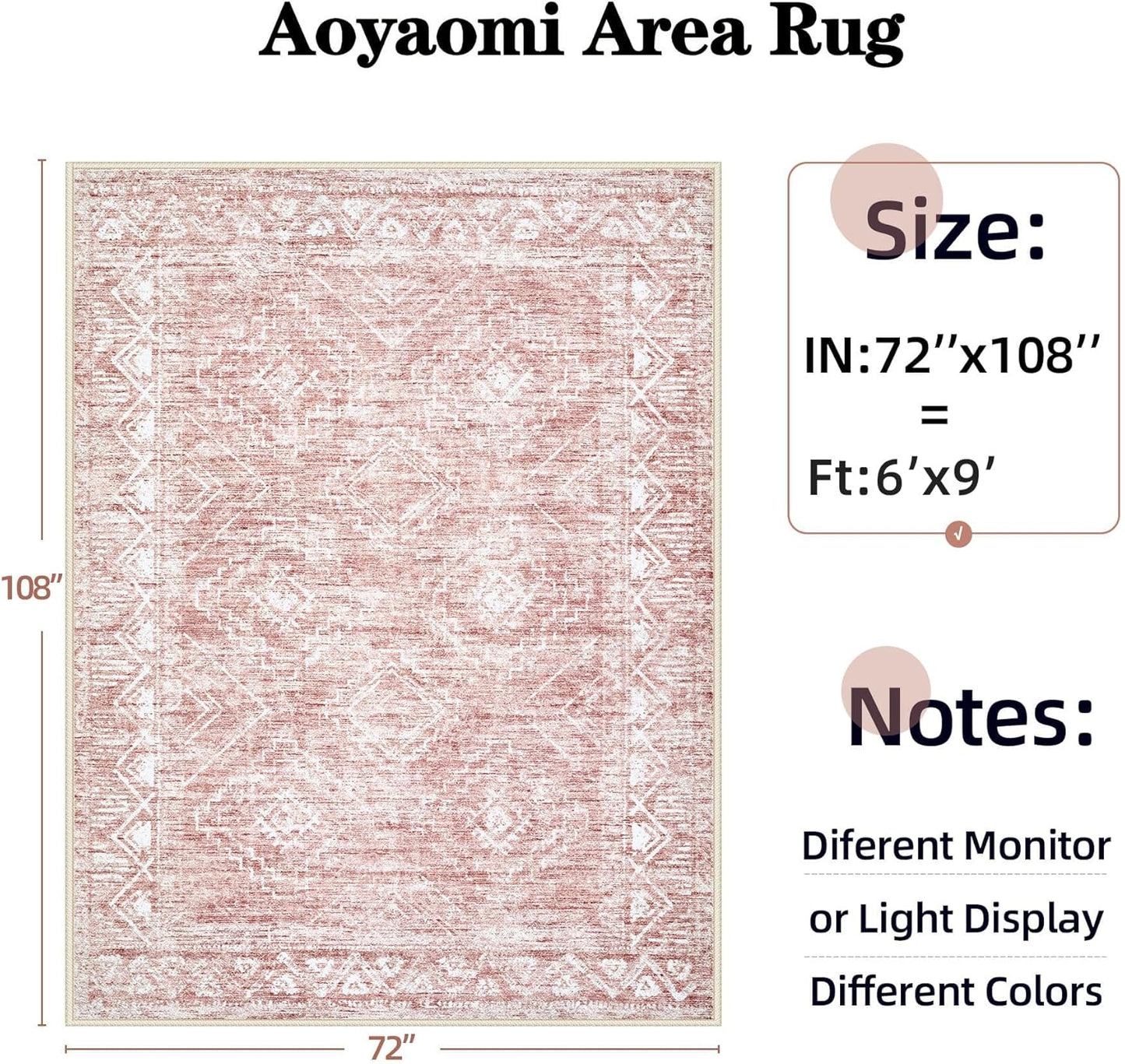 Moroccan Large Area Rug 6x9 - Soft Machine Washable Geometric Boho Distressed Farmhouse Rug Morden Stain Resistant Indoor Floor Carpet for Bedroom Dining Table Nursery Home Office(6'x9',Pink)