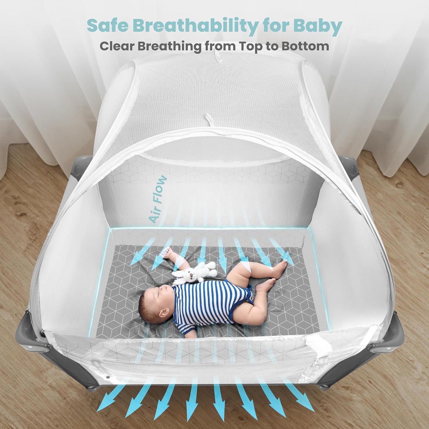 Premium Pack n Play Tent, Mini Crib Tent to Keep Baby from Climbing Out, Auto Pop Up Pack and Play Tent with Auto-Lock Zippers, Thick Velvety Breathable Mesh (Geometric Cubes)