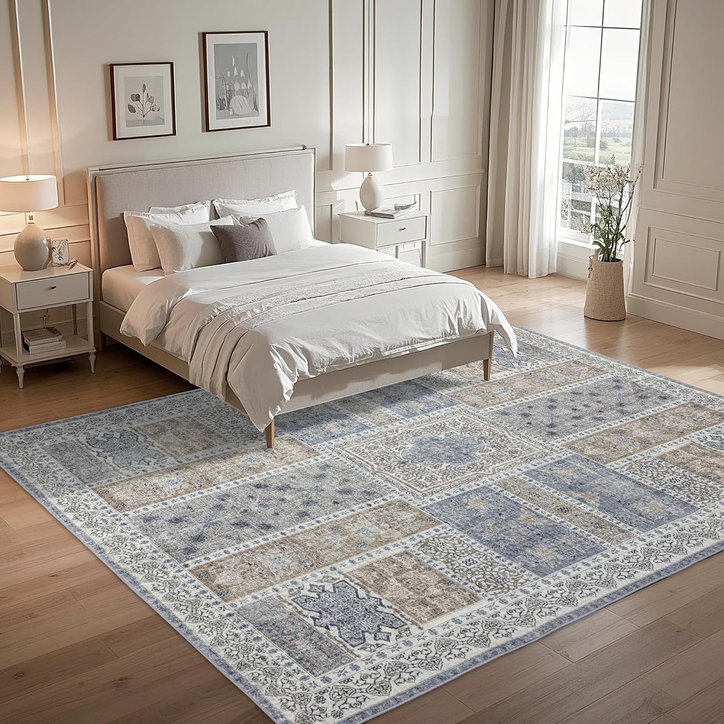 8x10 Area Rugs Washable: Oriental Soft Area Rug for Living Room Bedroom No Shedding - Low Pile Thin Carpet Rug for Dining Room Non Slip - Boho Vintage Rug for Home Decor - Blue Grey