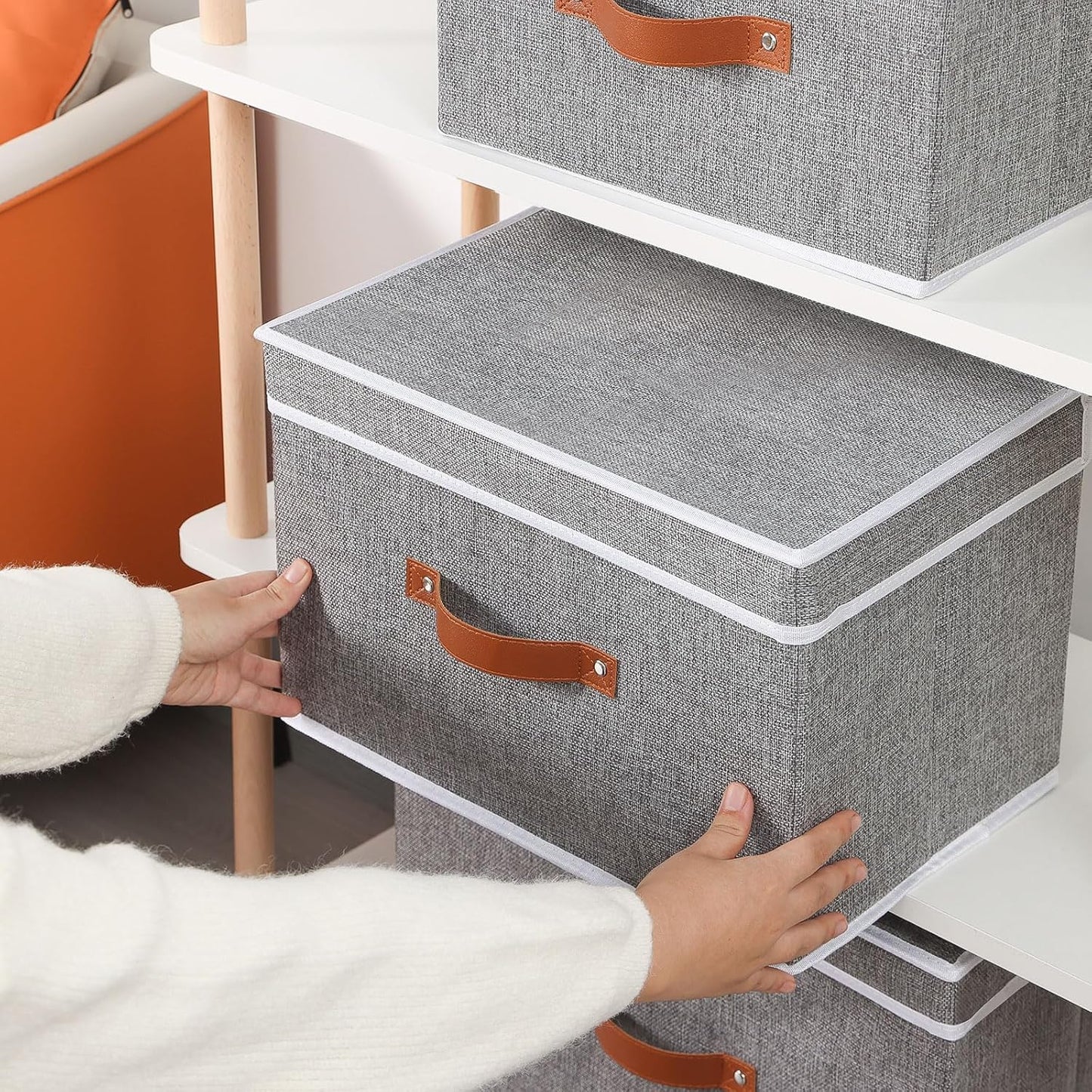 Collapsible Storage Bins with Lids, 1 Pack Linen Foldable Cloth Baskets, 15 x 9.8 x 9.8 Inch Closet Organizer Containers with Double Handles, Sweater Boxes for Bedroom, Grey