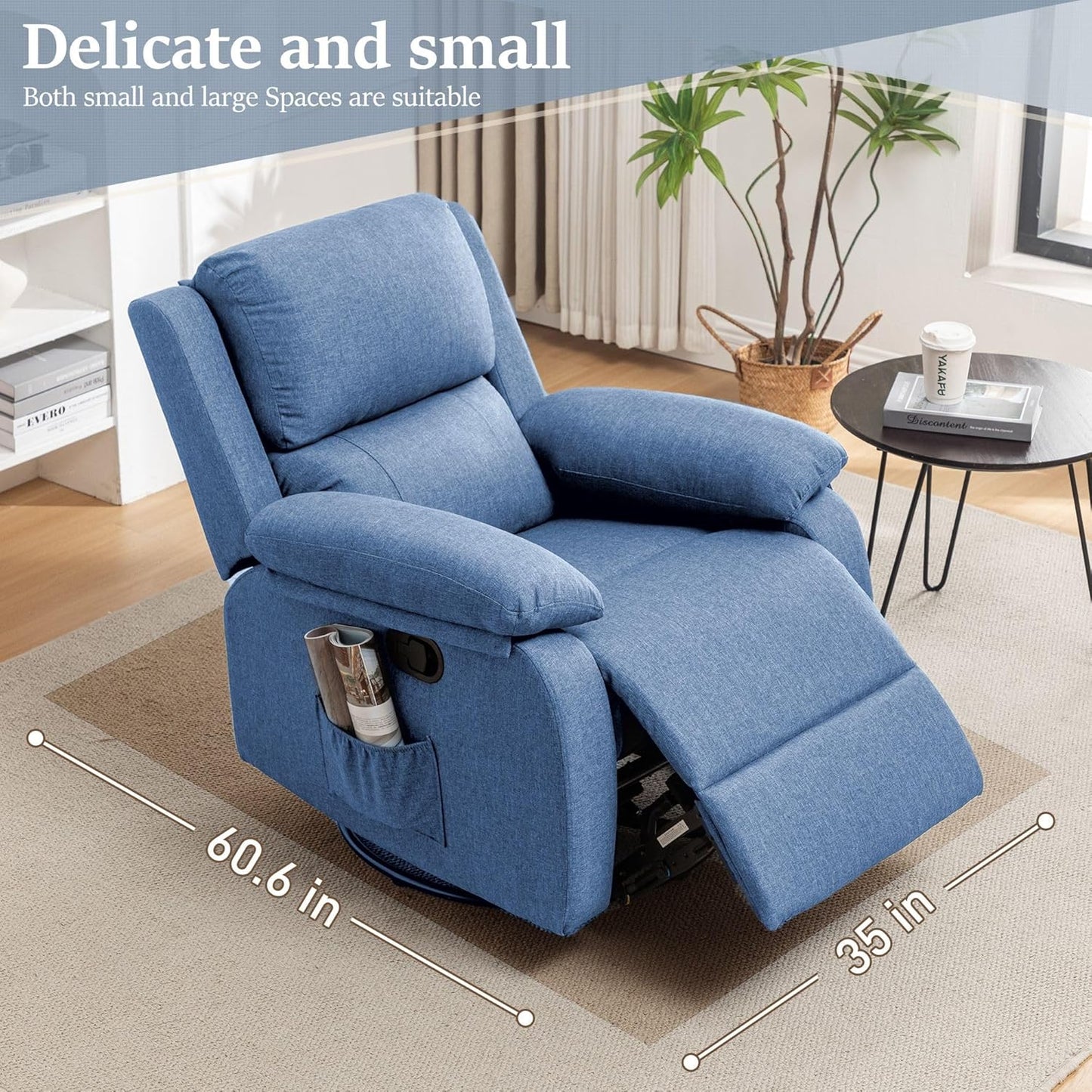 Recliner Chair, 360 Swivel Rocker Chair for Adults, Small Rocking Recliner Chair for Small Spaces, Upholstered Fabric Glider Recliner Nursery Chair with Side Pockets for Living Room, Nursery
