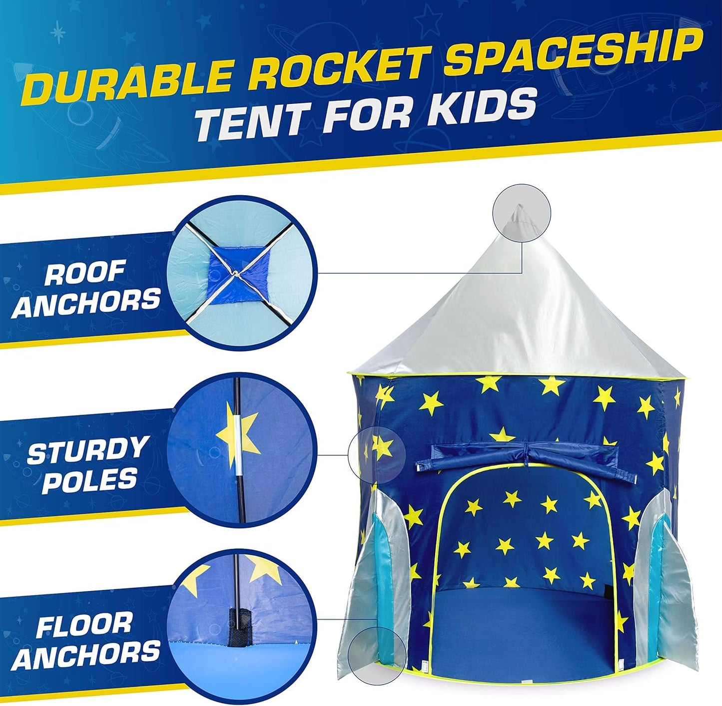 USA Toyz Rocket Ship Pop Up Kids Tent - Spaceship Rocket Indoor Playhouse Tents for Boys and Girls with Included Space Projector Toy and Storage Carry Bag