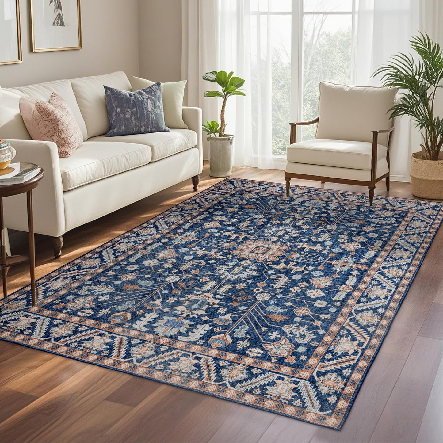 4x6 Area Rug Washable: Oriental Soft Area Rug for Living Room Bedroom No Shedding - Low Pile Thin Carpet Rug for Dining Room Non Slip - Boho Vintage Rug for Home Decor - Navy Blue