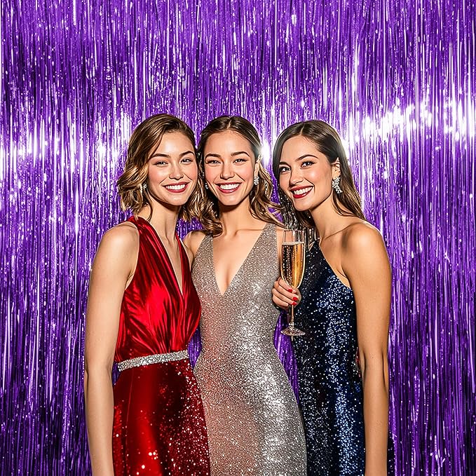 BTSD-home Purple Foil Fringe Curtain, Metallic Photo Booth Backdrop Tinsel Door Curtains for Wedding Birthday Bridal Shower Baby Shower Bachelorette Christmas Party Decorations(4 Pack, 8ft x 3ft)
