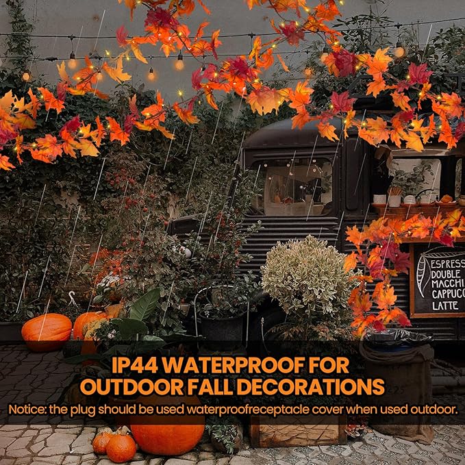 Fall Decor Thanksgiving Decorations for Home Lighted Fall Leaves String Lights, 11FT Thanksgiving Lighted Fall Leaf Garland Lights, 50 Orange Bulbs Lighted Fall Garland with Lights Plug in Outdoor