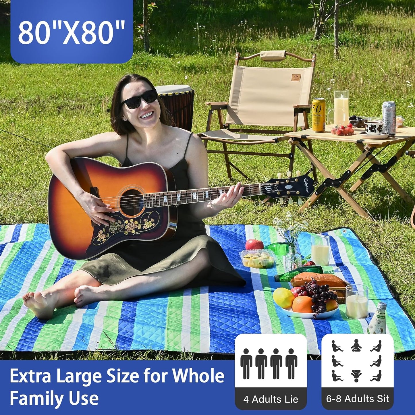 HX&OD Outdoor Picnic Blanket Extra Large, 80''*80'' Waterproof Picnic Mat with Stakes Foldable Camping Blanket Portable with Carry Strap for Beach Mat (Blue, 80''*80'')