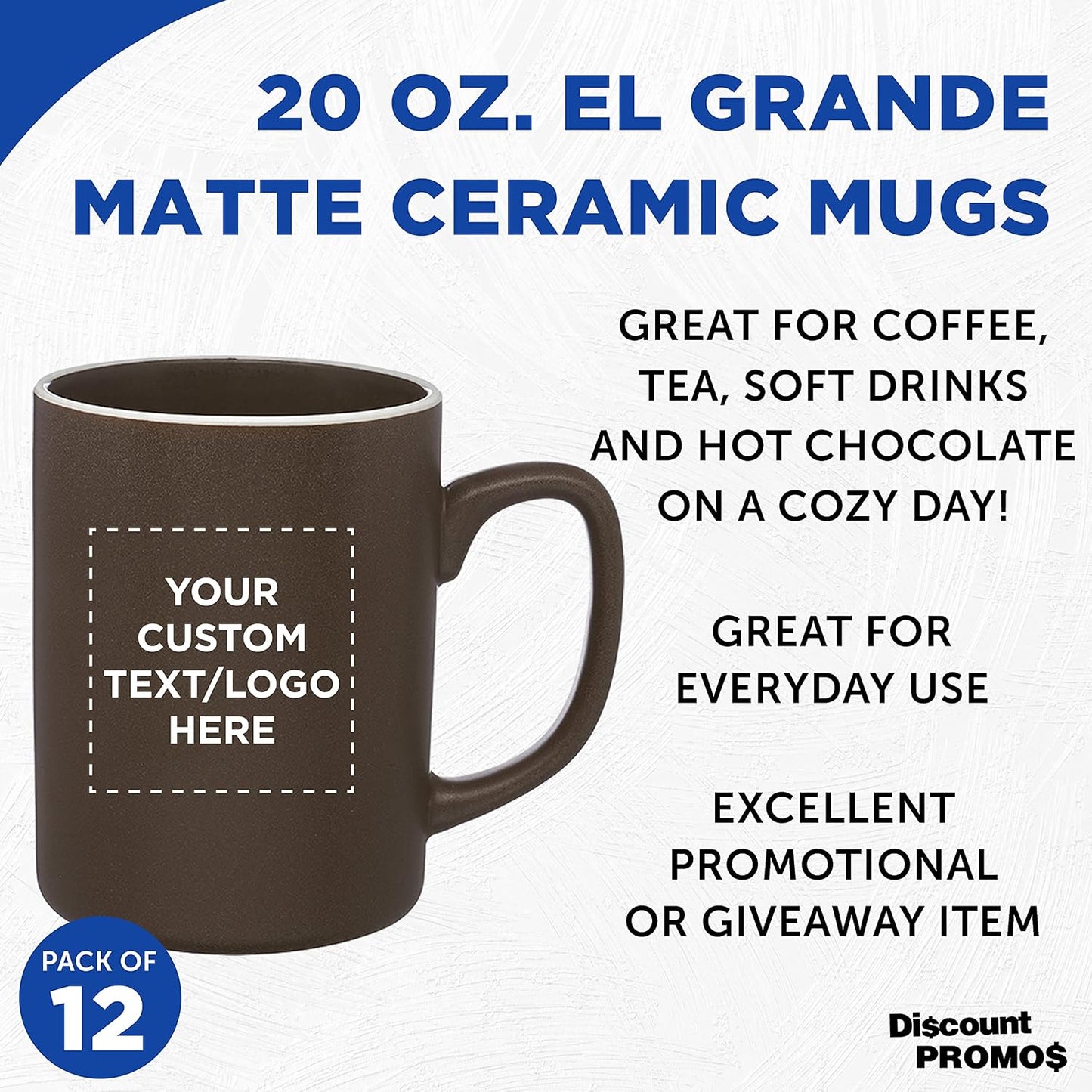 Custom El Grande Matte Ceramic Mugs 20 oz. Set of 12, Personalized Bulk Pack - Perfect for Tea, Espresso, Cappuccino, Hot Cocoa - Dark Brown