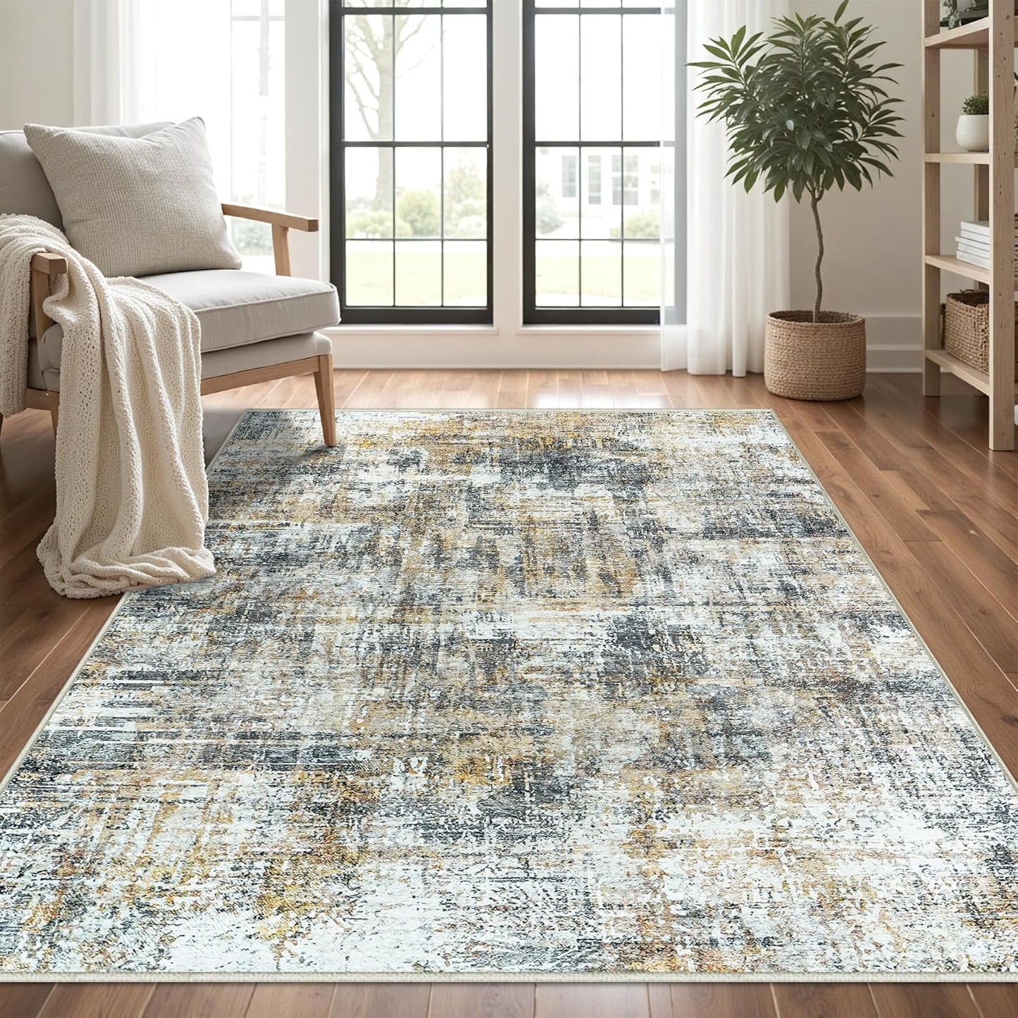 Area Rug Living Room Rugs: 5x7 Abstract Washable Rugs Ultra Soft Carpets with Non-Slip Backing Stain Resistant Carpet for Dining Room Table Bedroom Nursery Indoor Home Office Brown/Gray
