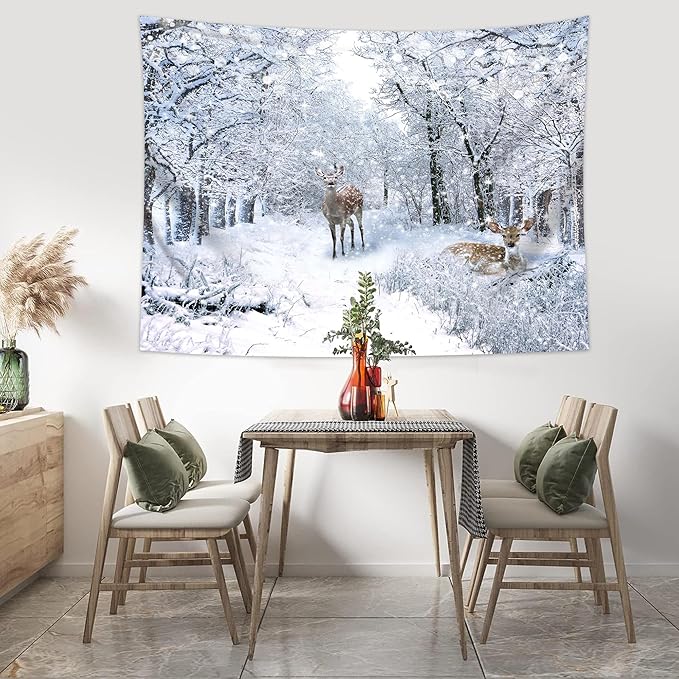 QGHOT Winter Tapestry Wall Hanging, Snow Scene Backdrop Winter Wonderland Wall Decor Snowy Forest Wall Art Nature Woodland Deer Tapestry for Bedroom Room Dorm Party Decoration, Large