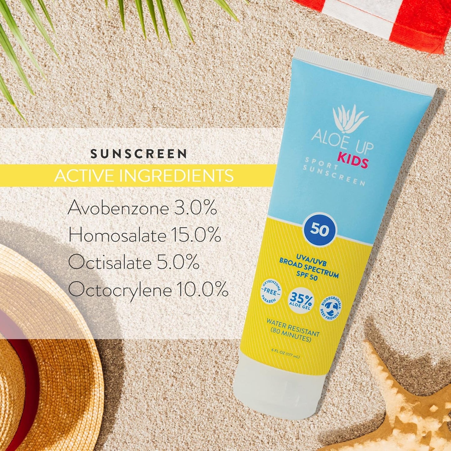 Aloe Up Kids Sport Sunscreen Lotion SPF 50 - Broad Spectrum Sheer Face and Body Sunscreen Protector for Sensitive Skin - With Aloe Vera Gel - Dries Fast - Reef Safe - Fragrance-Free - 6 Oz
