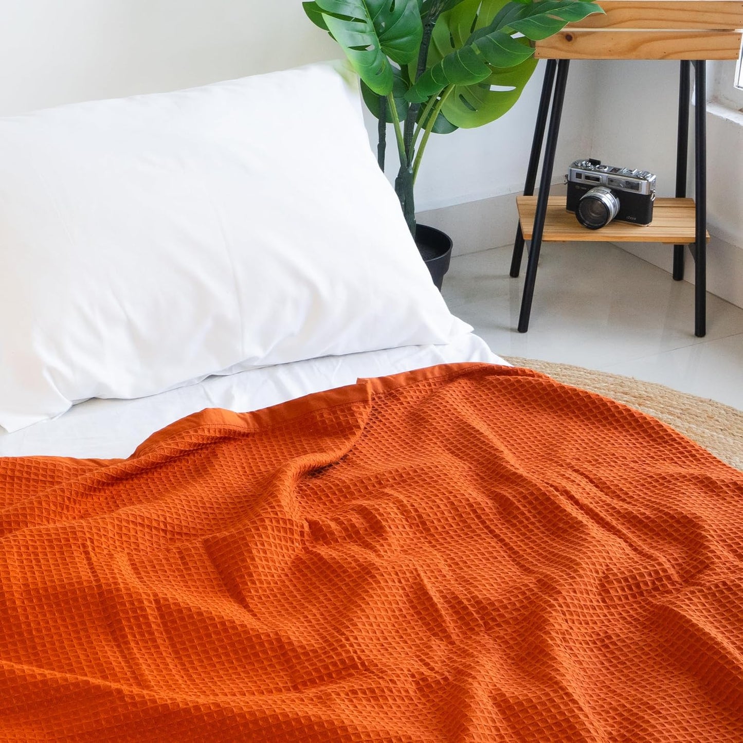 GOTS Certified 100% Organic Cotton Salt Earth Throw Blanket, 90"X 90" Blankets & Throws For Bed, Throw Blanket For Couch,Modern & Cozy Blanket, All Season Waffle Blanket, Soft Blanket (Cinnamon Stick)