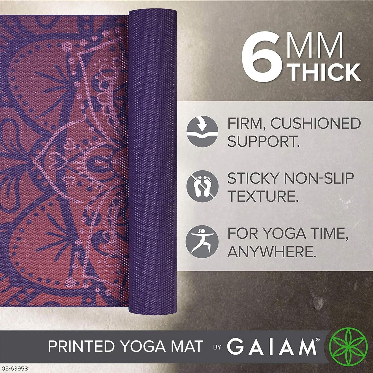 Gaiam Yoga Mat - Premium 6mm Print Extra Thick Non Slip Exercise & Fitness Mat for All Types of Yoga, Pilates & Floor Workouts (68"L x 24"W x 6mm Thick)