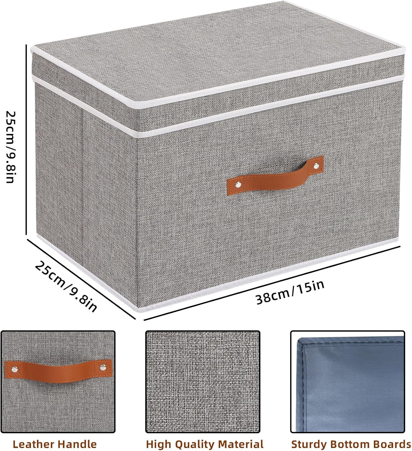Collapsible Storage Bins with Lids, 5 Pack Linen Foldable Cloth Baskets, 15 x 9.8 x 9.8 Inch Closet Organizer Containers with Double Handles, Sweater Boxes for Bedroom, Grey