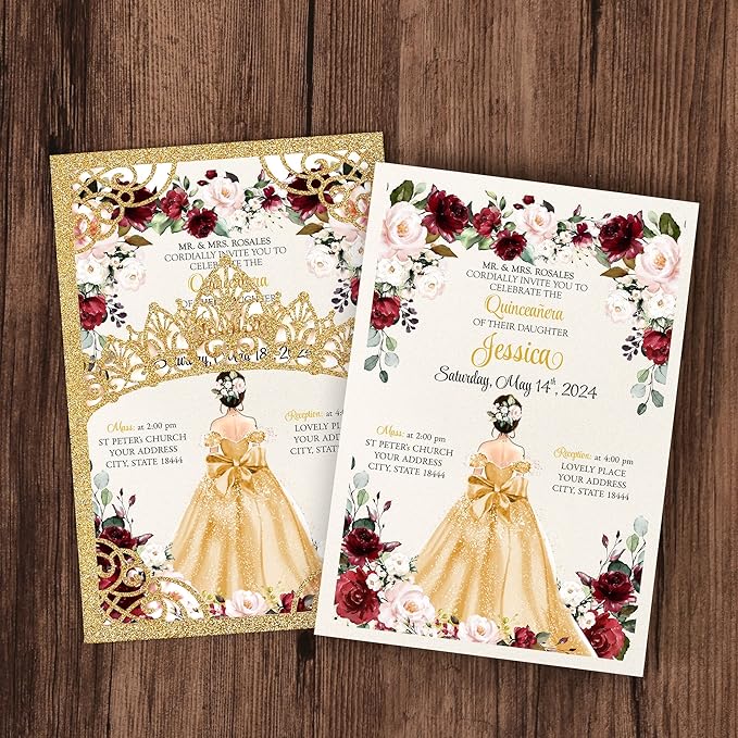 50Pcs Gold Crown Quinceanera Invitation for 15 year, Sweet 16, Miss XV, Birthday Laser Cut Quince Invitation Cards Personalized Glitter Gold