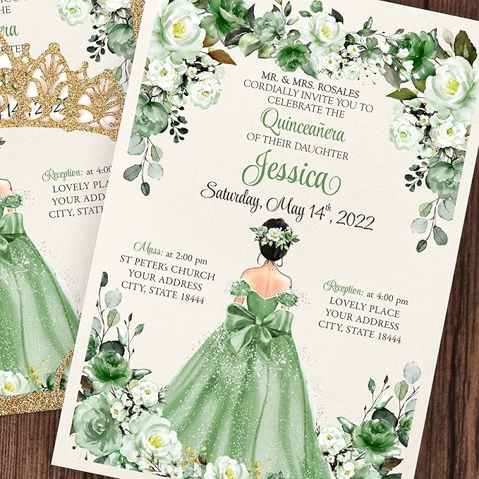 50Pcs Sage Green Crown Quinceanera Invitation for 15 year, Sweet 16, Miss XV, Birthday Laser Cut Quince Invitation Cards Personalized Glitter Gold