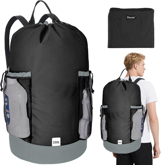 BALEINE 150L Laundry Bag Backpack, 900D Oxford Fabric Large Travel Laundry Bags with Shoulder Straps and 2 Mesh Pockets for College Dorm, Apartment, Laundromat (Black, 150L)