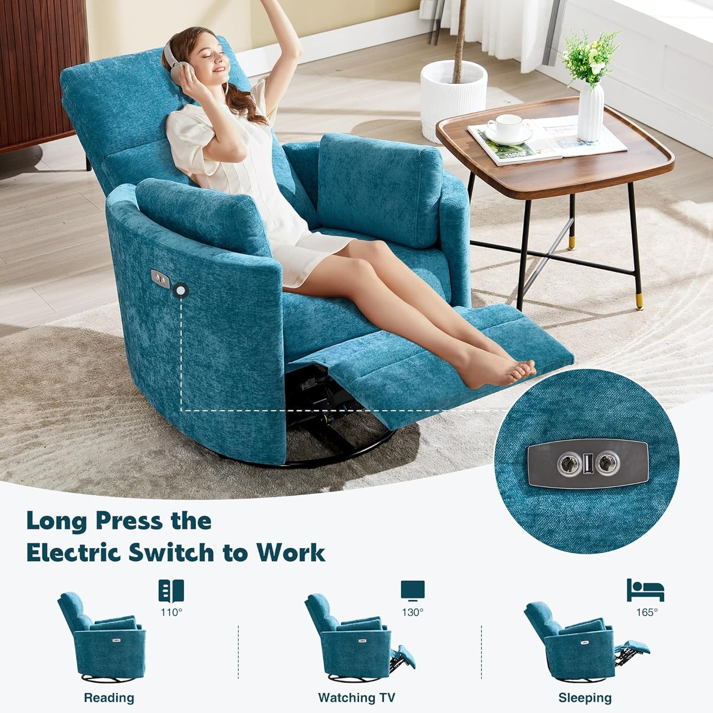 Power Swivel Glider Rocking Recliner, Electric Rocking Chair with USB Port for Living Room Bedroom Upholstered Nursery Chair Adult Rocking Chair with 2 Pillows (Blue, Power-Driven)