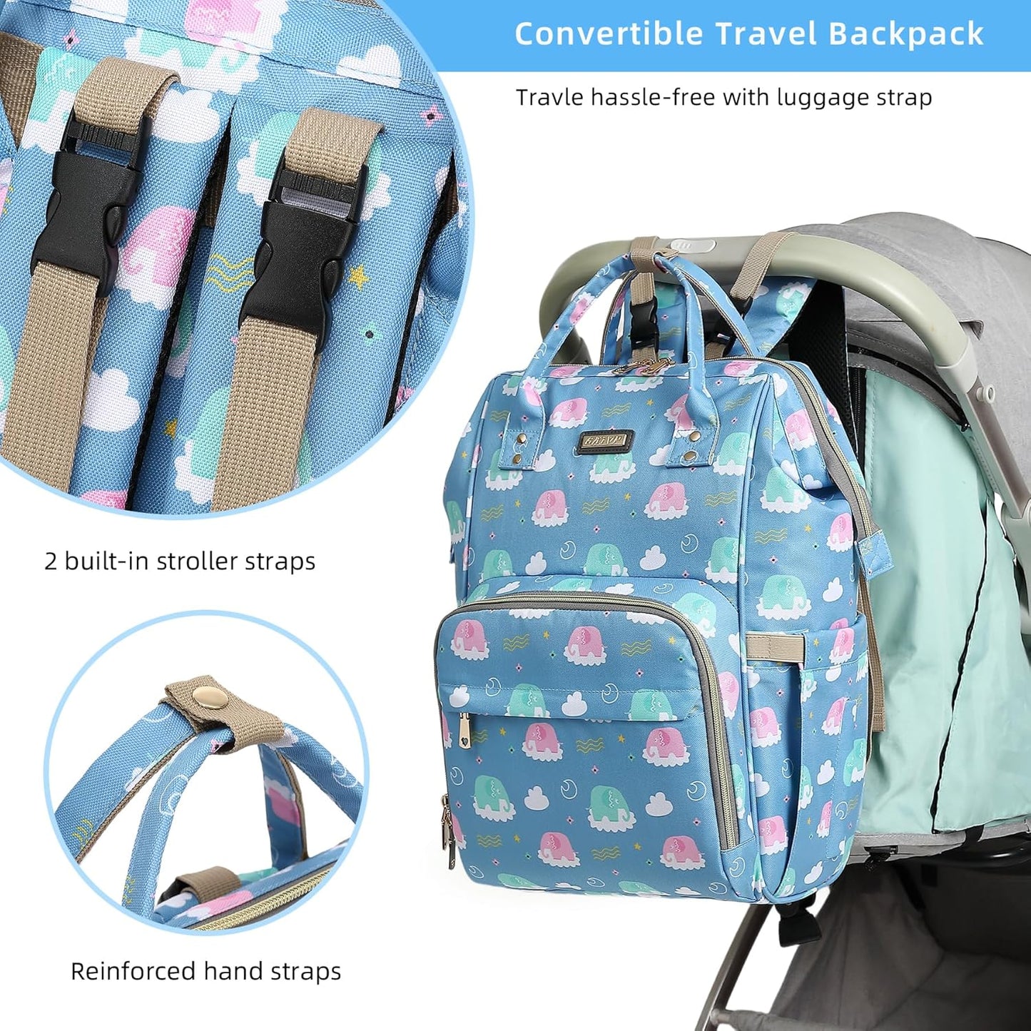 Diaper Bag Backpack, Diaper Bags for Baby Girls Boys, Baby Bags for Moms Dads, Nappy Changing Bag with Insulated Pockets,Multi-functional Waterproof Backpack with Stroller straps-Deep blue elephant
